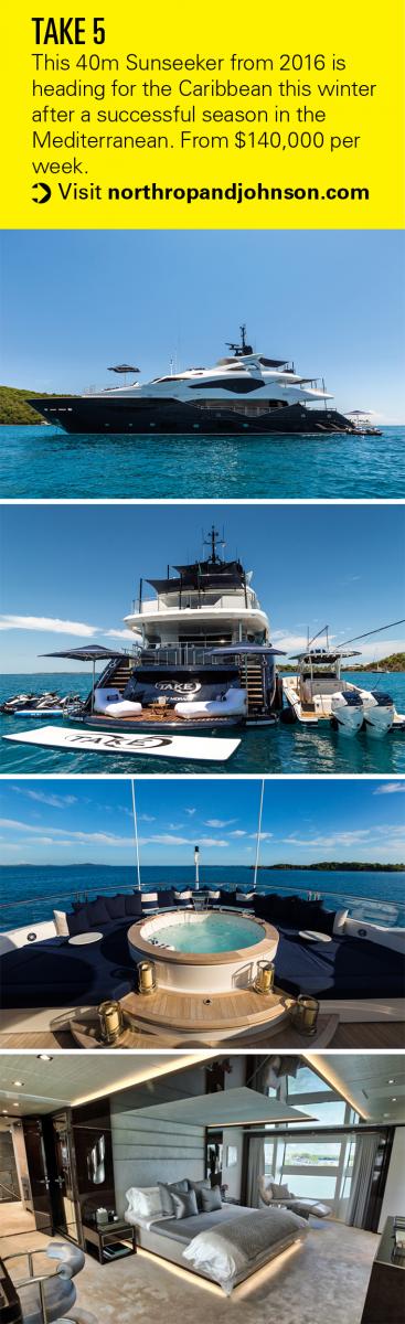 The Sunseeker superyacht Take 5 accommodates up to a dozen guests on three decks and five staterooms
